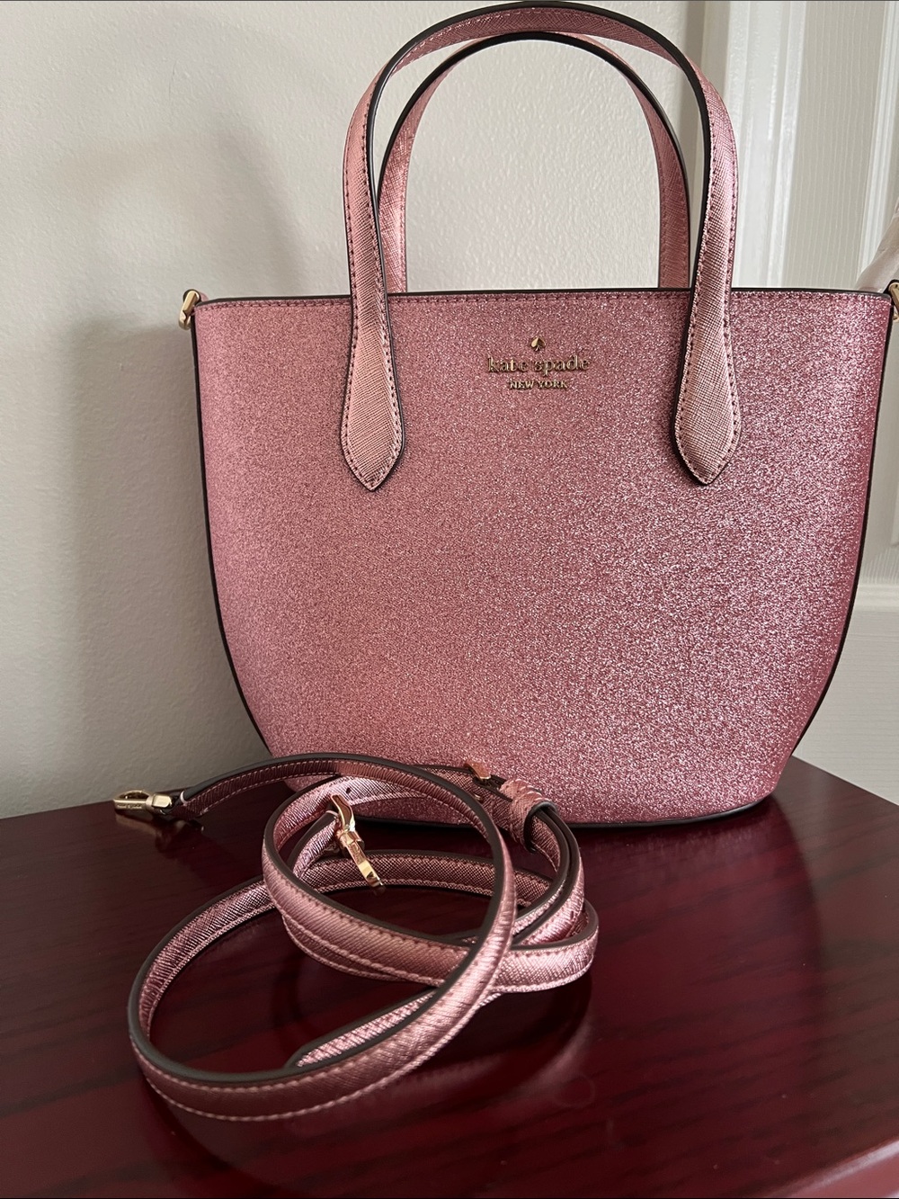 Kate Spade Rose Pink Glitter Bag with Crossbody Strap